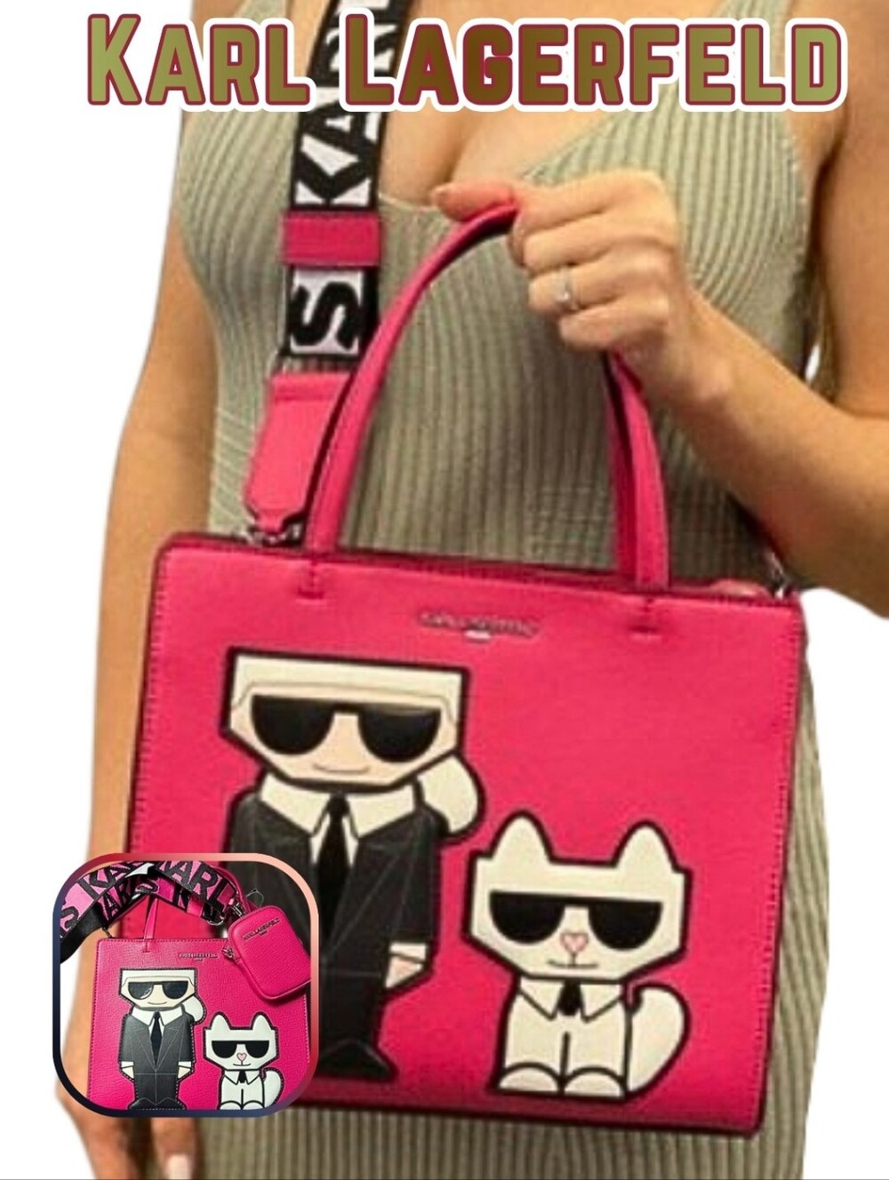 Karl Lagerfeld Paris Crossbody Handbag Fuchsia Pink White NWT msrp $198 New
